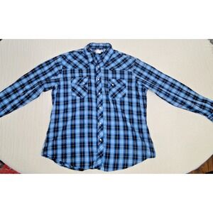 Wrangler Shirt Mens Large XL Blue Plaid Western‎ Pearl Snap Long Sleeve Sawtooth